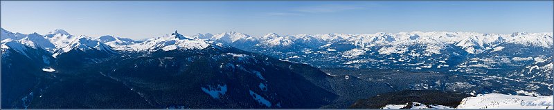 Whistler_pano_6.jpg - View of Black Tusk, Whistler Mountain skiing area and Whistler village from Backcomb Mountain, Whistler, British Columbia, Canada (panorama 23875 x 4715 pixels)